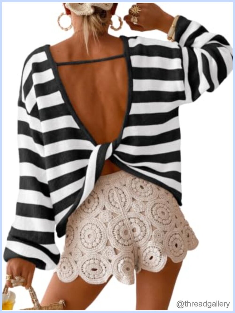 Striped Open Back Sweater Crew Neck Long Sleeve Pullover
